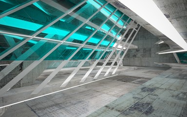 Fototapeta premium Empty dark abstract concrete room interior with blue glass. Architectural background. Night view of the illuminated. 3D illustration and rendering