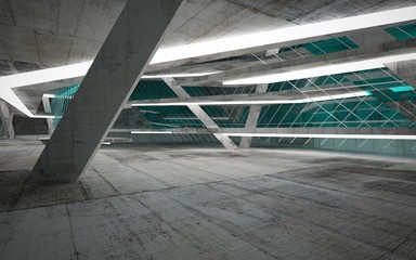 Empty dark abstract concrete room interior with blue glass. Architectural background. Night view of the illuminated. 3D illustration and rendering