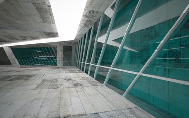 Obraz premium Empty dark abstract concrete room interior with blue glass. Architectural background. Night view of the illuminated. 3D illustration and rendering