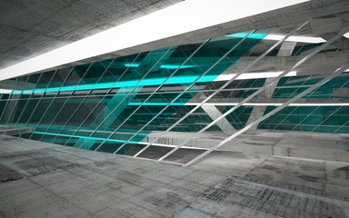 Fototapeta premium Empty dark abstract concrete room interior with blue glass. Architectural background. Night view of the illuminated. 3D illustration and rendering