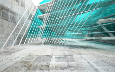 Abstract interior of blue glass and concrete. Architectural background. 3D illustration and rendering 