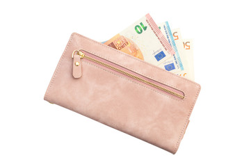 Women's wallet with euro bills on white background.