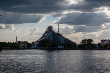 Riga city, capital of Latvia panoramic view with river Daugava and cable bridge