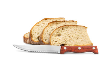 Pieces of bread with knife. Isolated on white.