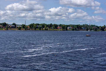 Obraz premium Riga city, capital of Latvia panoramic view with river Daugava and cable bridge