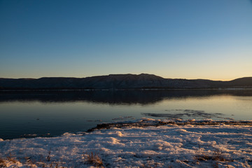 mountains, river, ice, shore, reflections, evening, sky, nature