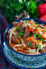 Laghman with beef and vegetables, selective focus