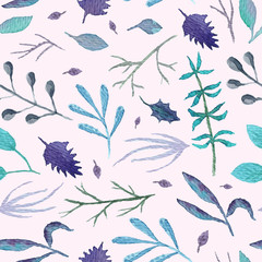 Fototapeta premium Mystery botanical seamless pattern with purple and blue leaves and branches on light pink background. Watercolor greenery texture with for textile, wrapping paper, print design, surface