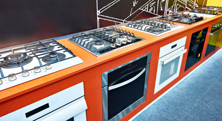 Modern gas stoves in store