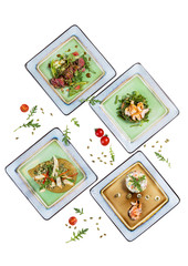 Salads with meat, chicken and fish in white square plates on white background. Isolated on white
