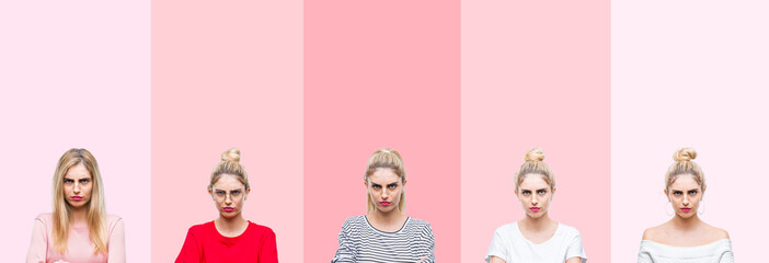 Collage of young beautiful blonde woman over vivid colorful vintage pink isolated background...