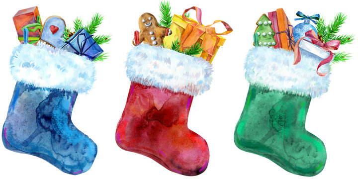 Christmas colorfull socks with gift and white fur. Watercolor illustration. Isolated.