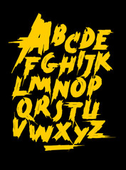 Yellow calligraphy hand lettering font. Vector alphabet
