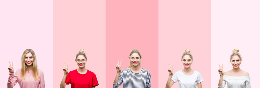 Collage of young beautiful blonde woman over vivid colorful vintage pink isolated background showing and pointing up with fingers number two while smiling confident and happy.