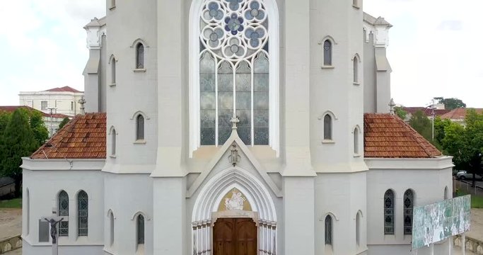 Beautiful view of the main church of the city of Jau. Sao Paulo State. Brazil. Panoramic plane tilt up
