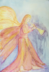 Angel blowing a trumpet. The dabbing technique near the edges gives a soft focus effect due to the altered surface roughness of the paper..