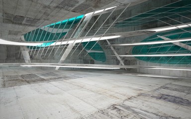 Fototapeta premium Empty dark abstract glass turquoise and concrete smooth interior. Night view of the illuminated. Architectural background. 3D illustration and rendering