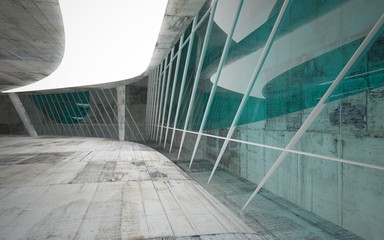 Empty dark abstract glass turquoise and concrete smooth interior. Night view of the illuminated. Architectural background. 3D illustration and rendering