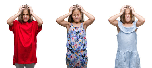 Collage of young beautiful little girl kid over isolated background suffering from headache desperate and stressed because pain and migraine. Hands on head.