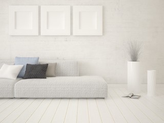 Mock up bright living room with original comfortable sofa and bright hipster backdrop.