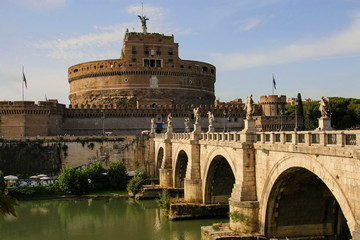 Saint Angel Castle and Saint Angel bridge over the Tiber river in Rome,Italy.