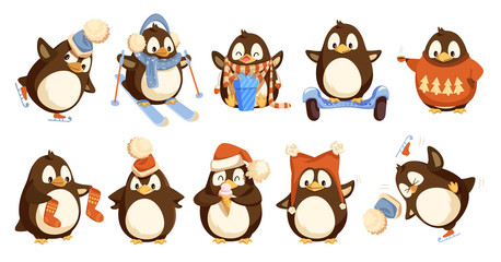 Penguins Wearing Winter Warm Clothes Set Vector © robu_s