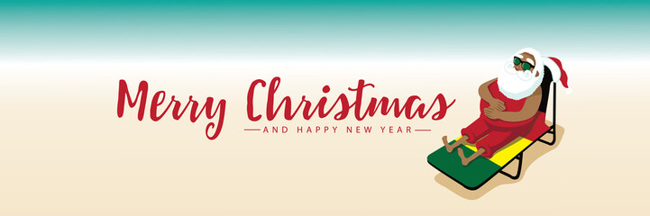 Cartoon illustration of relaxed Rastafarian  Santa Claus in his beach getup lying in a lounge chair by the ocean. Eps10 vector in contemporary flat style..