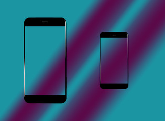 two black smartphone mock-up with light reflections on blue and purple color gradient background
