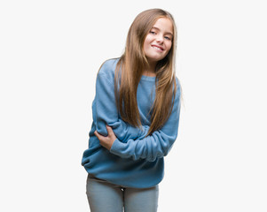 Young beautiful girl wearing winter sweater over isolated background with hand on stomach because nausea, painful disease feeling unwell. Ache concept.