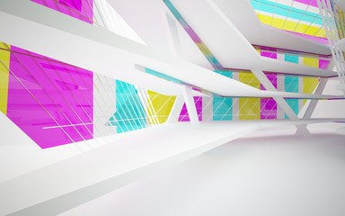 abstract architectural interior with white sculpture and geometric glass lines. 3D illustration and rendering