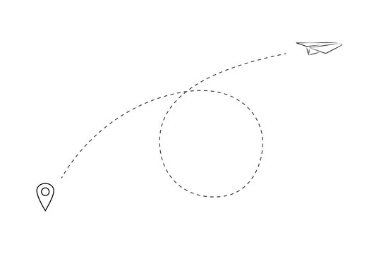 Paper plane drawing with dashed trace line and map pin. Vector illustration.
