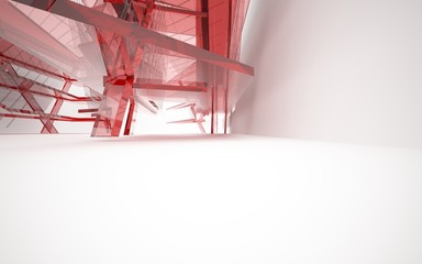 abstract architectural interior with red  glass sculpture . 3D illustration and rendering