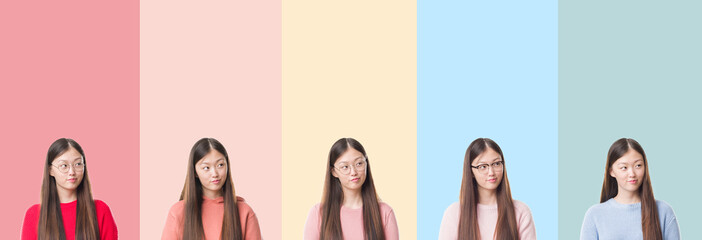 Collage of beautiful asian woman over colorful stripes isolated background smiling looking side and...
