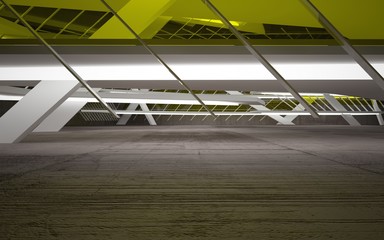 Abstract interior of yellow glass and brown concrete. Architectural background. 3D illustration and rendering 