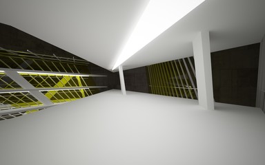 Abstract interior of yellow glass and brown concrete. Architectural background. 3D illustration and rendering 