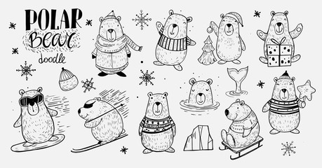 Set of the Polar Bear in winter activity: snowboarding, skiing, sledding. Doodle style. Isolated vector