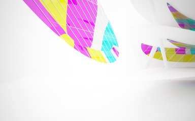 abstract architectural white interior with colored smooth glass gradient sculpture. 3D illustration and rendering