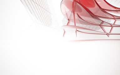 abstract architectural interior with red smooth glass sculpture. 3D illustration and rendering
