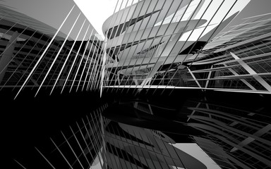 Abstract dynamic interior with white smooth objects and black room . 3D illustration and rendering