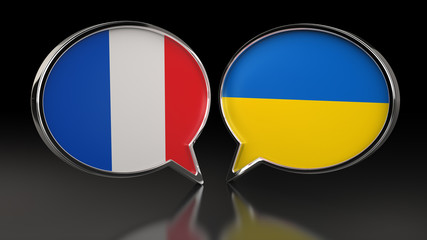 France and Ukraine flags with Speech Bubbles. 3D illustration