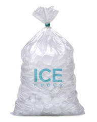 Ice cubes in plastic bag, bagged ice or packaged ice isolated on white background including clipping path.