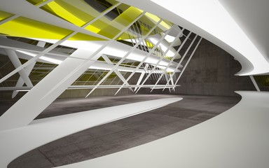 Empty white abstract brown concrete smooth interior with yellow glass . Architectural background. 3D illustration and rendering
