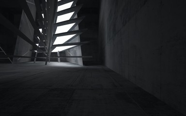 Empty dark abstract concrete room interior. Architectural background. Night view of the illuminated. 3D illustration and rendering