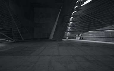Empty dark abstract concrete room interior. Architectural background. Night view of the illuminated. 3D illustration and rendering
