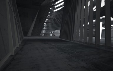 Empty dark abstract concrete room interior. Architectural background. Night view of the illuminated. 3D illustration and rendering