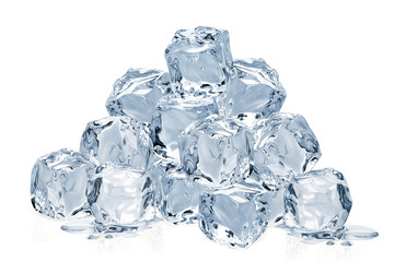 Clear ice cubes pile or heap isolated on white background