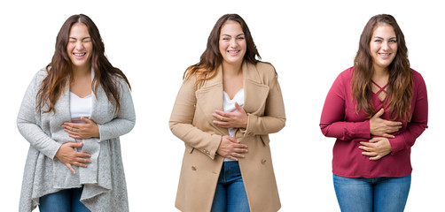 Collage of beautiful plus size woman over isolated background Smiling and laughing hard out loud because funny crazy joke. Happy expression.