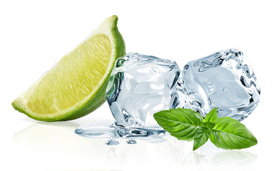 Ice cubes with lime / ice cubes, lime and basil leaves isolated on white background