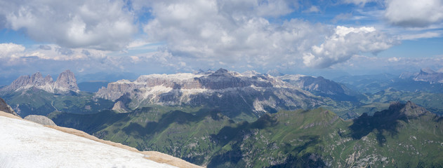 Amazing landscape at the Dolomites in Italy. View at Sella and Gardenaccia Group from Marmolada summit