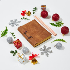 Christmas Decoration with Blank Paper on White Background.Flat Lay,Top View